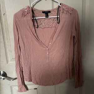 Forever 21 Blush Lace Accent Long Sleeve Top